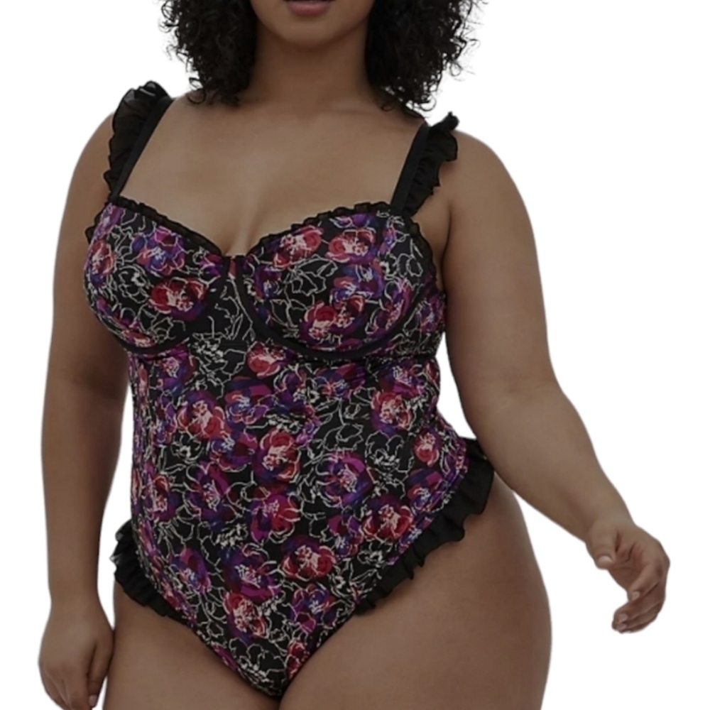 𝅺Torrid Floral Satin Ruffled Bodysuit